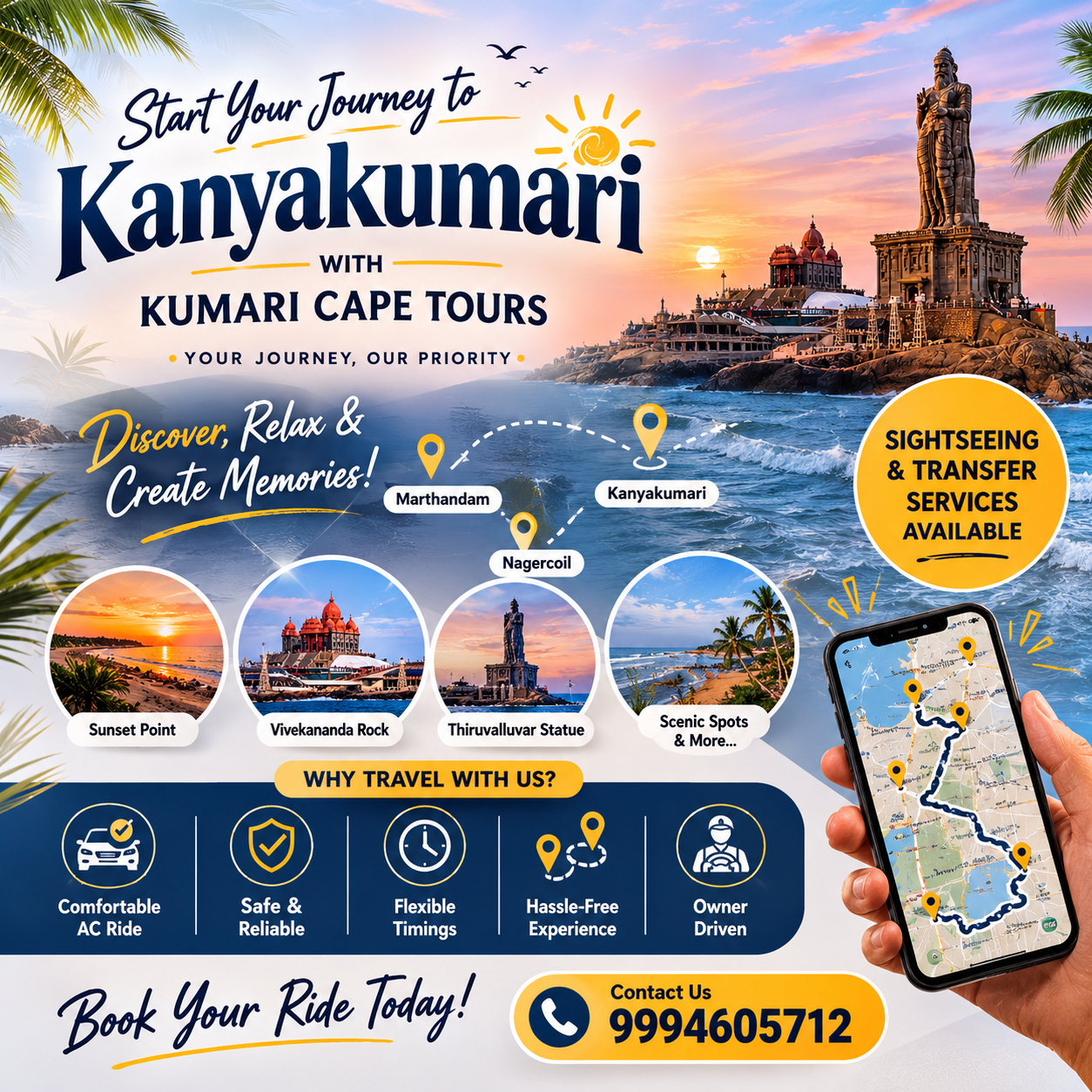 Kanyakumari sightseeing and transfer service information with route map.