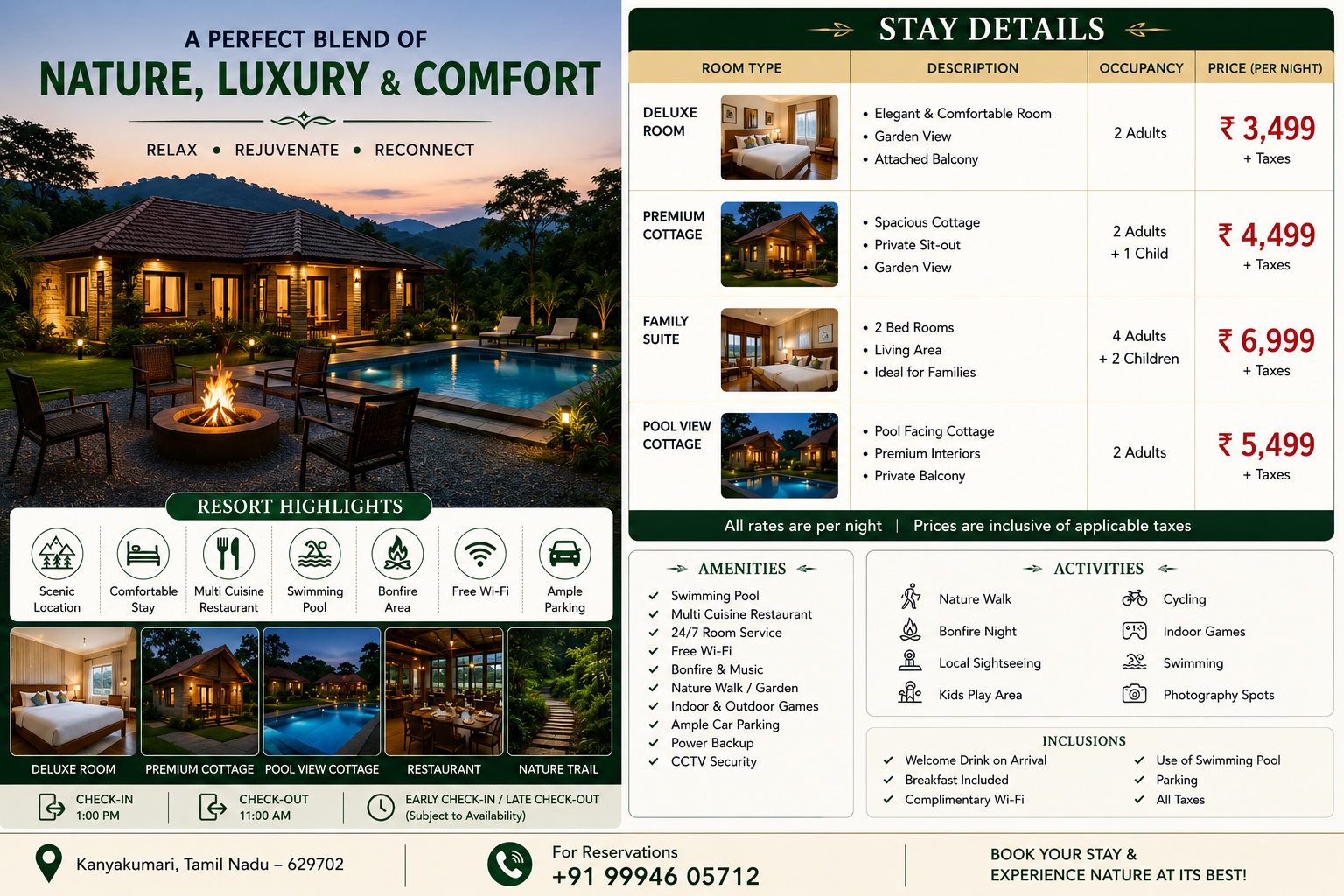 Kanyakumari resort stay package poster with room details and amenities.